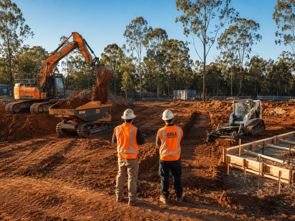 Bulk vs detailed excavation Brisbane site showing large excavator and compact machinery working