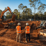 Bulk vs detailed excavation Brisbane site showing large excavator and compact machinery working
