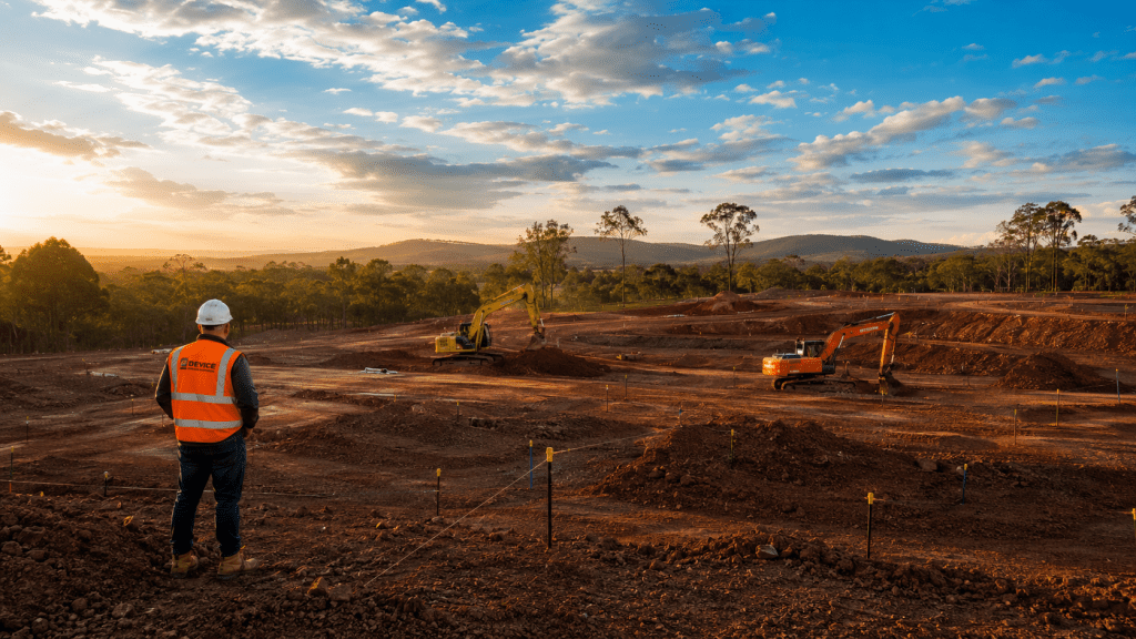 Civil earthworks contractors South East Queensland preparing subdivision site with excavators at golden hour